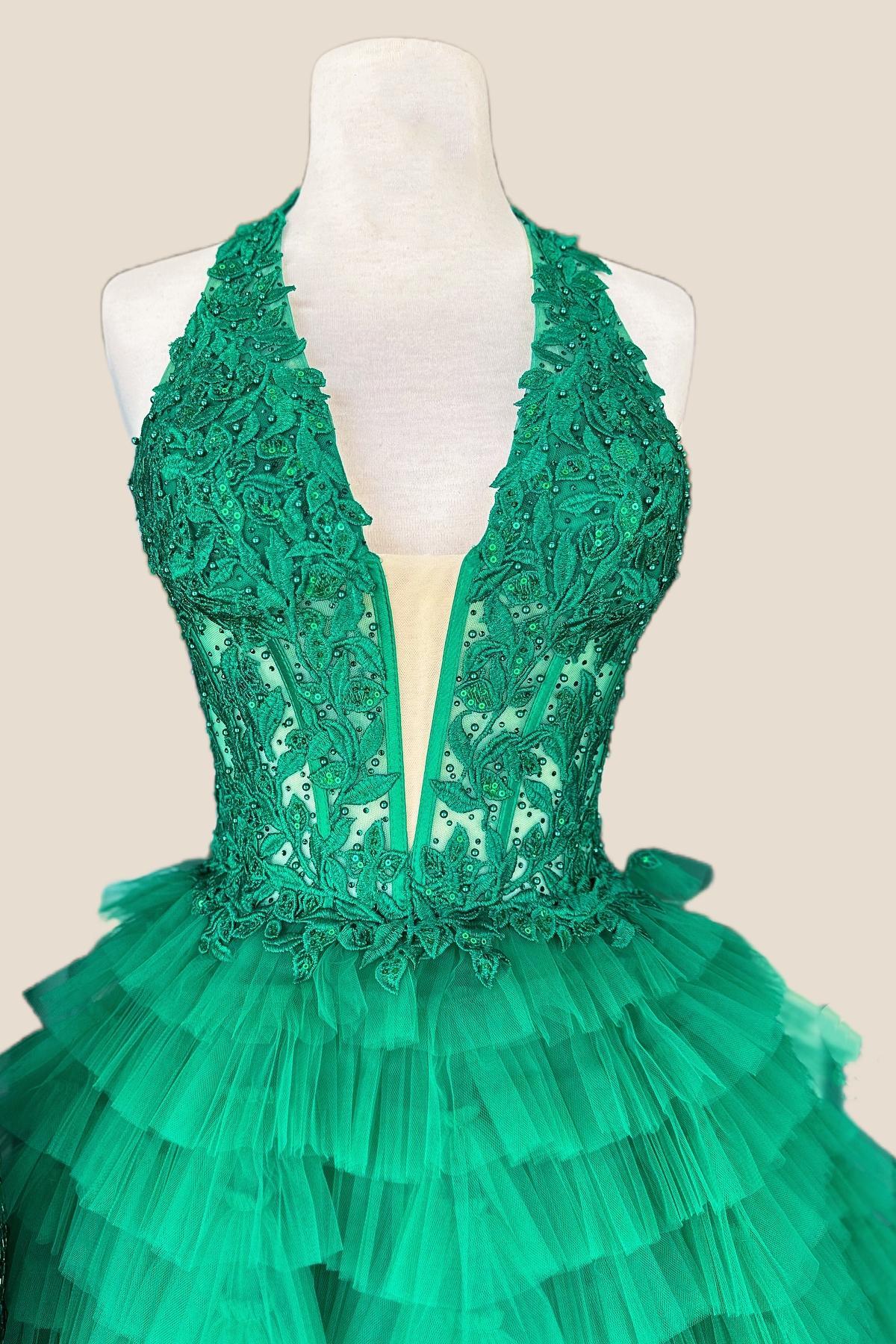 Halter Green Ruffle Short Dress with Appliques - Image 4