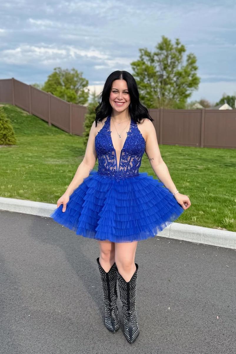 Halter Green Ruffle Short Dress with Appliques - Image 5