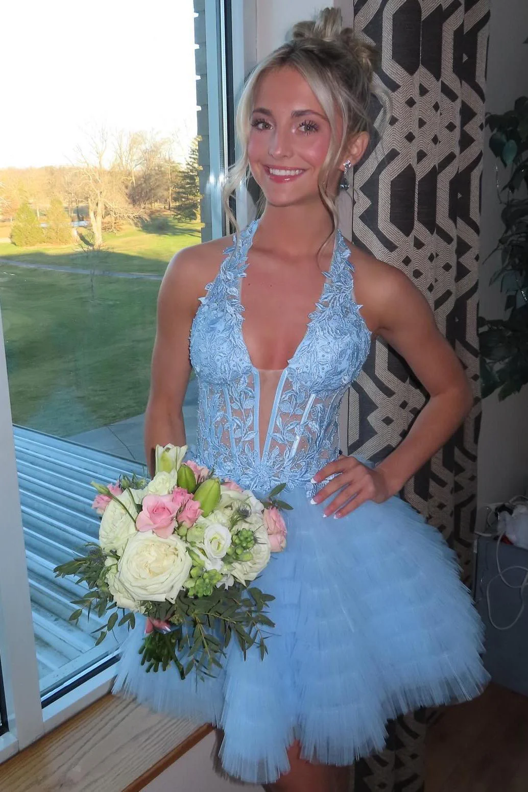 Halter Green Ruffle Short Dress with Appliques - Image 6