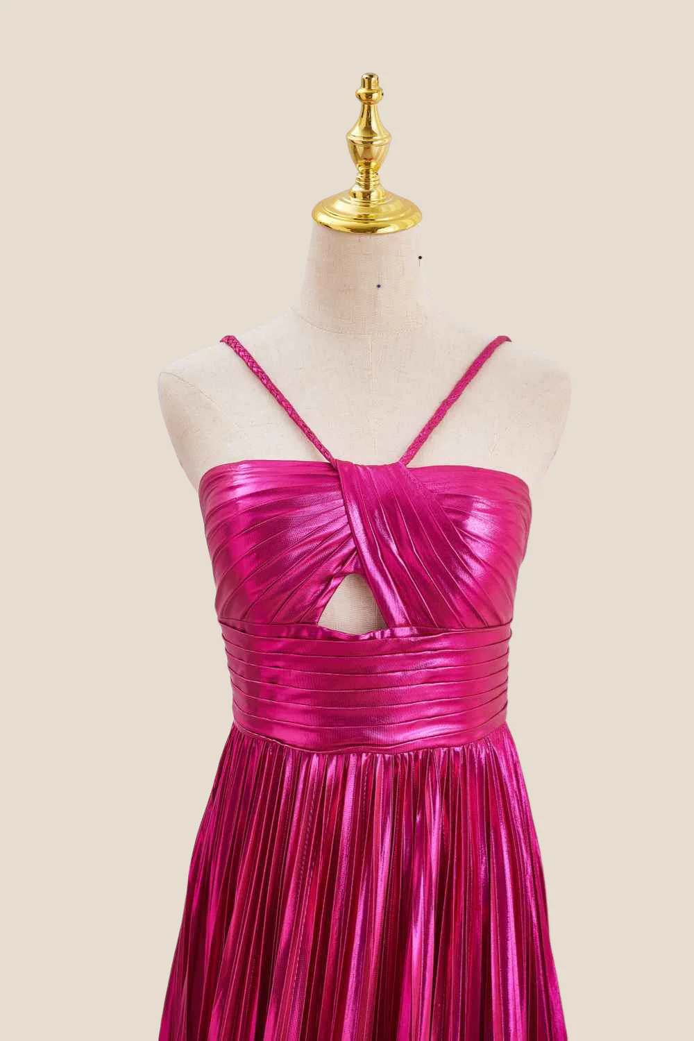 Halter Fuchsia Pleated Metallic Long Dress - Image 11