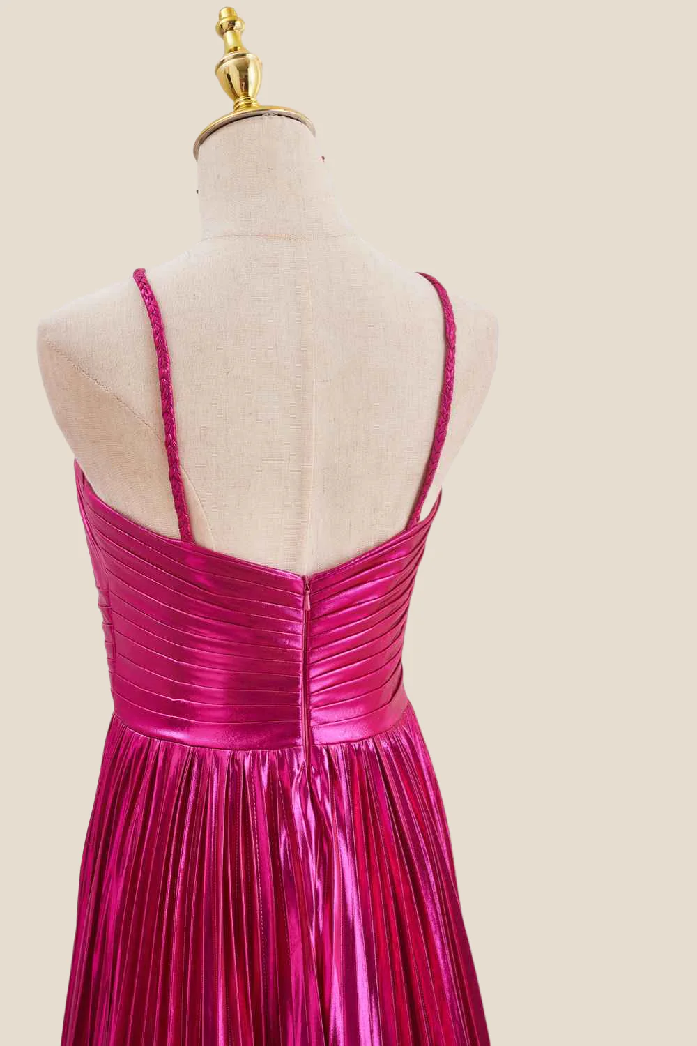 Halter Fuchsia Pleated Metallic Long Dress - Image 12