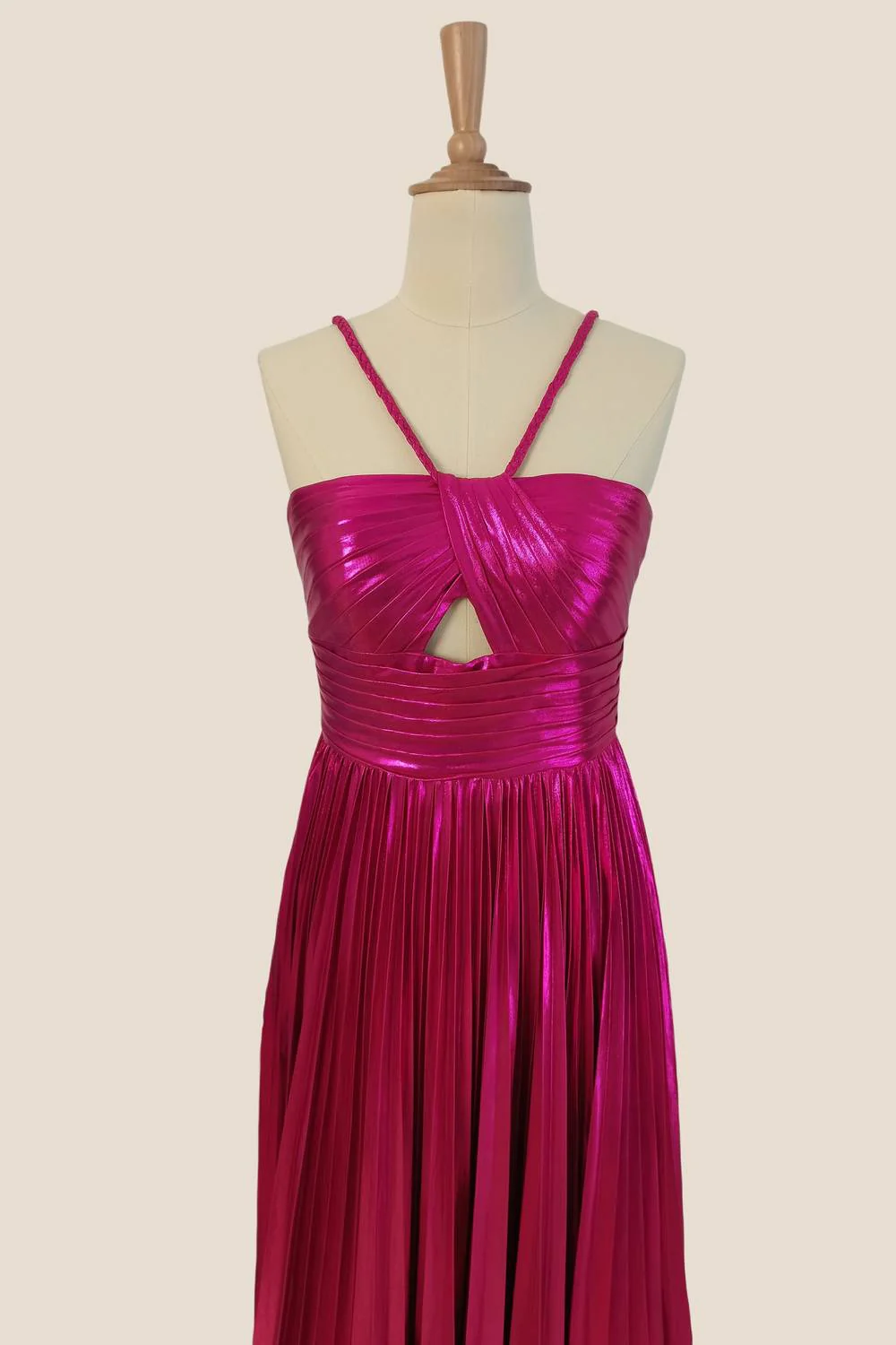 Halter Fuchsia Pleated Metallic Long Dress - Image 14