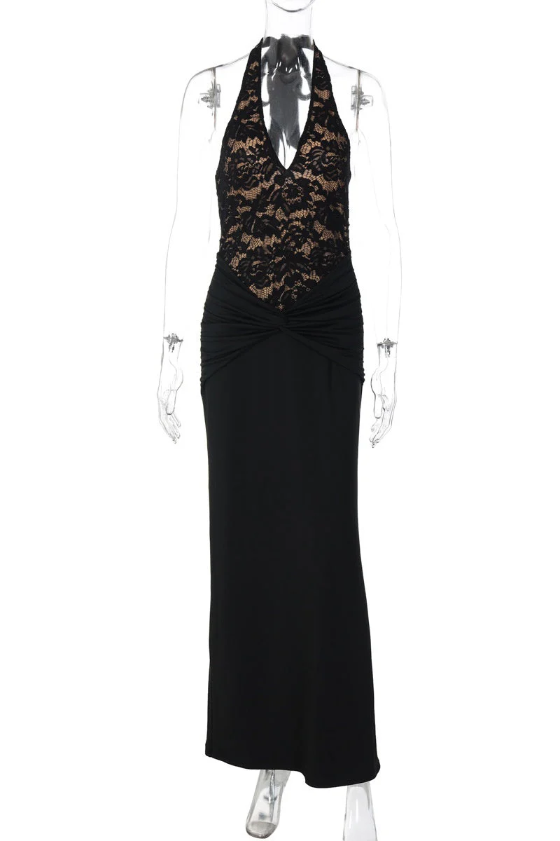 Halter Lace Black Twist Fitted Dress - Image 3
