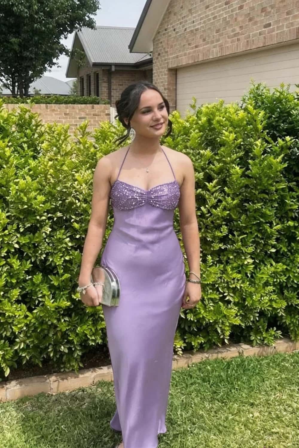 Halter Lavender Satin Fitted Long Formal Dress