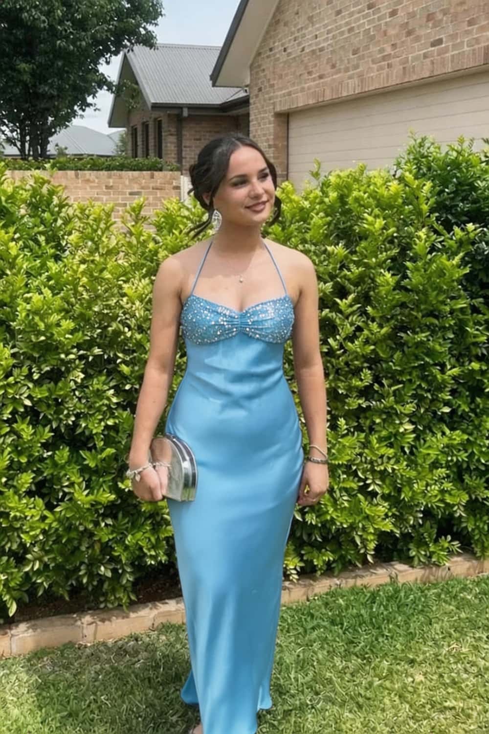 Halter Lavender Satin Fitted Long Formal Dress - Image 8