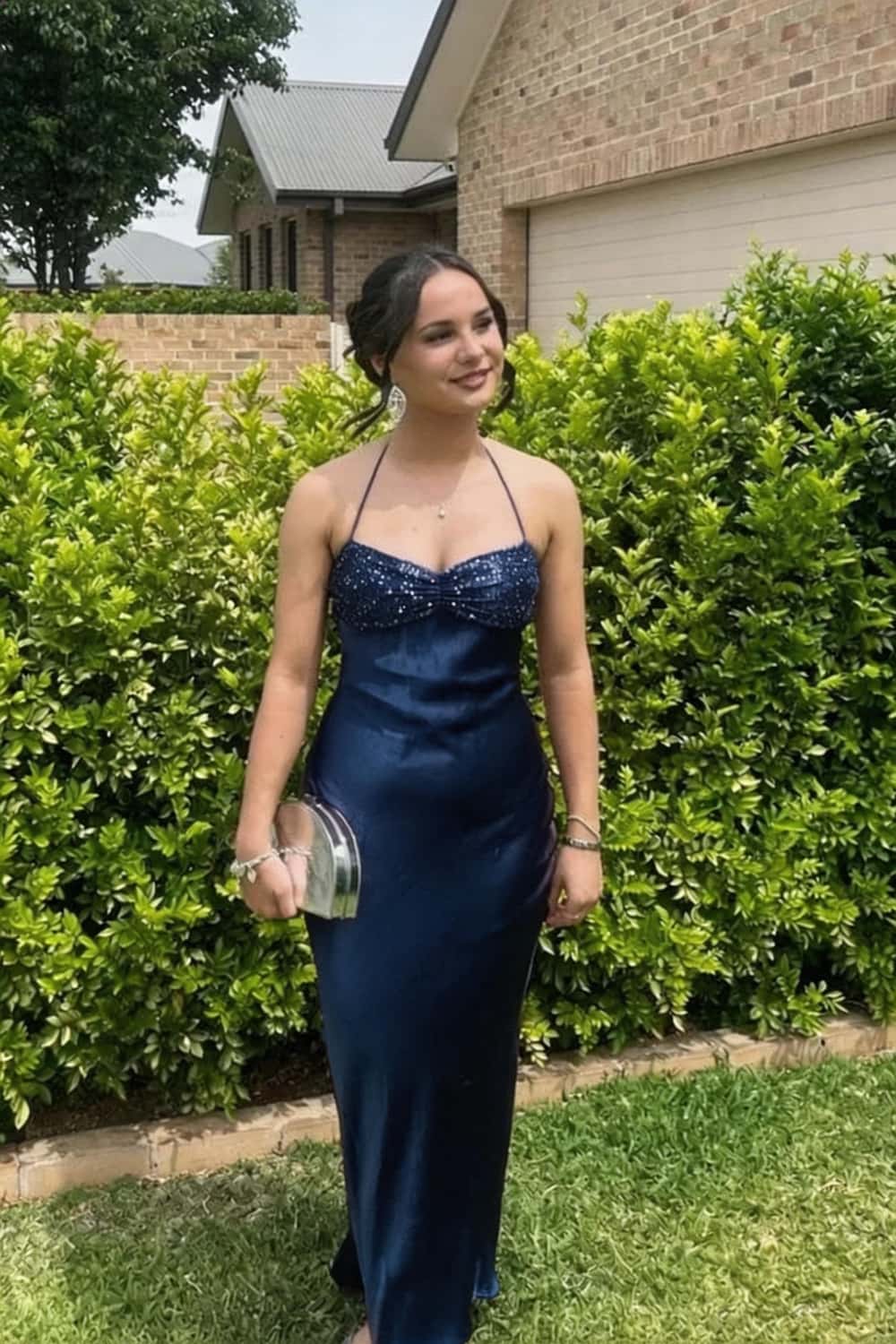 Halter Lavender Satin Fitted Long Formal Dress - Image 9