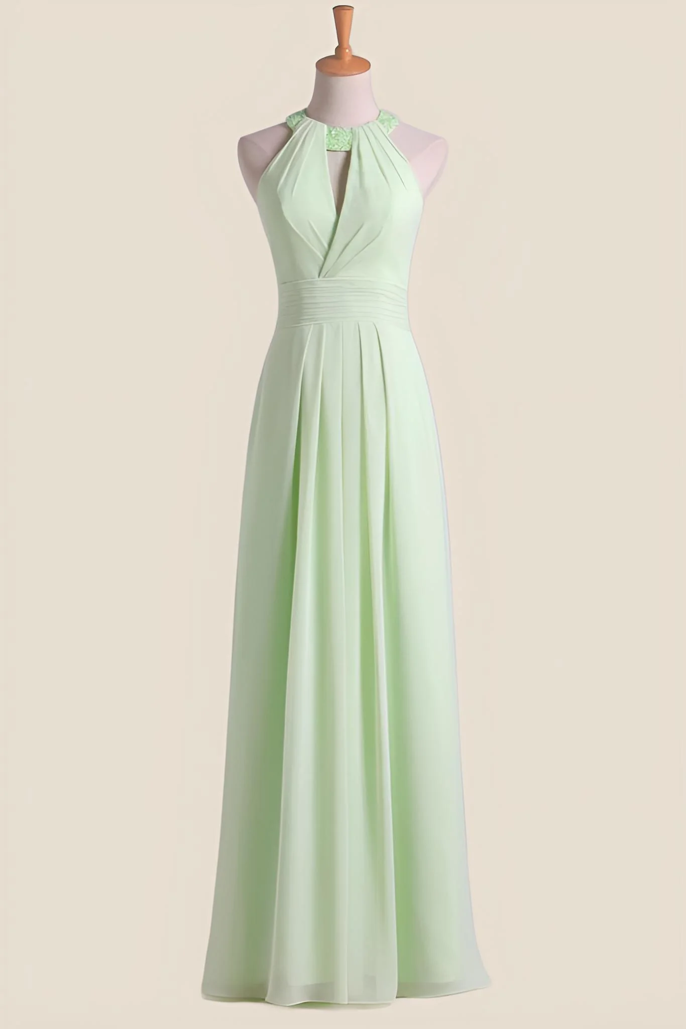 Halter Lemon Green Chiffon Long Bridesmaid Dress