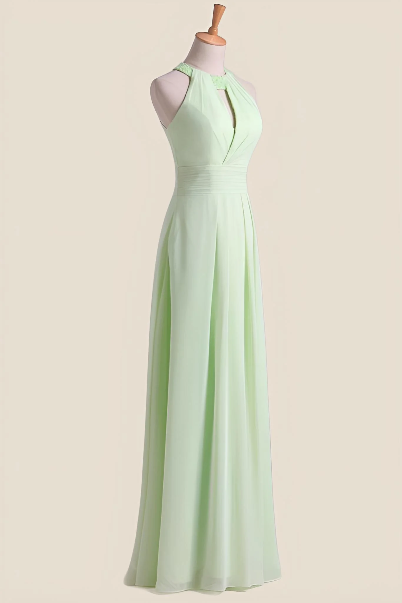 Halter Lemon Green Chiffon Long Bridesmaid Dress - Image 3
