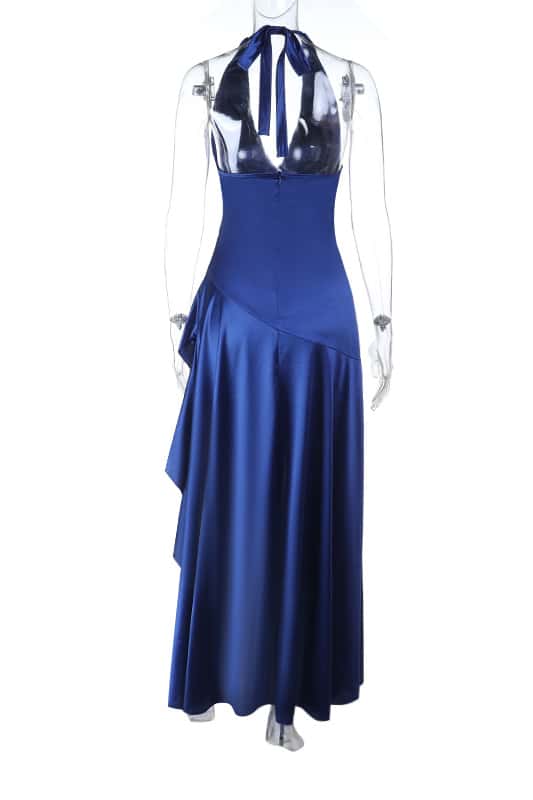 Halter Navy Blue Satin Frill Long Dress - Image 2