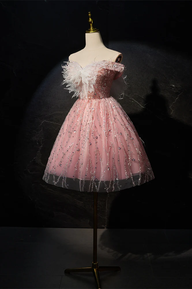 Off the Shoulder Blush Pink A-line Short Princess Dress - Image 3