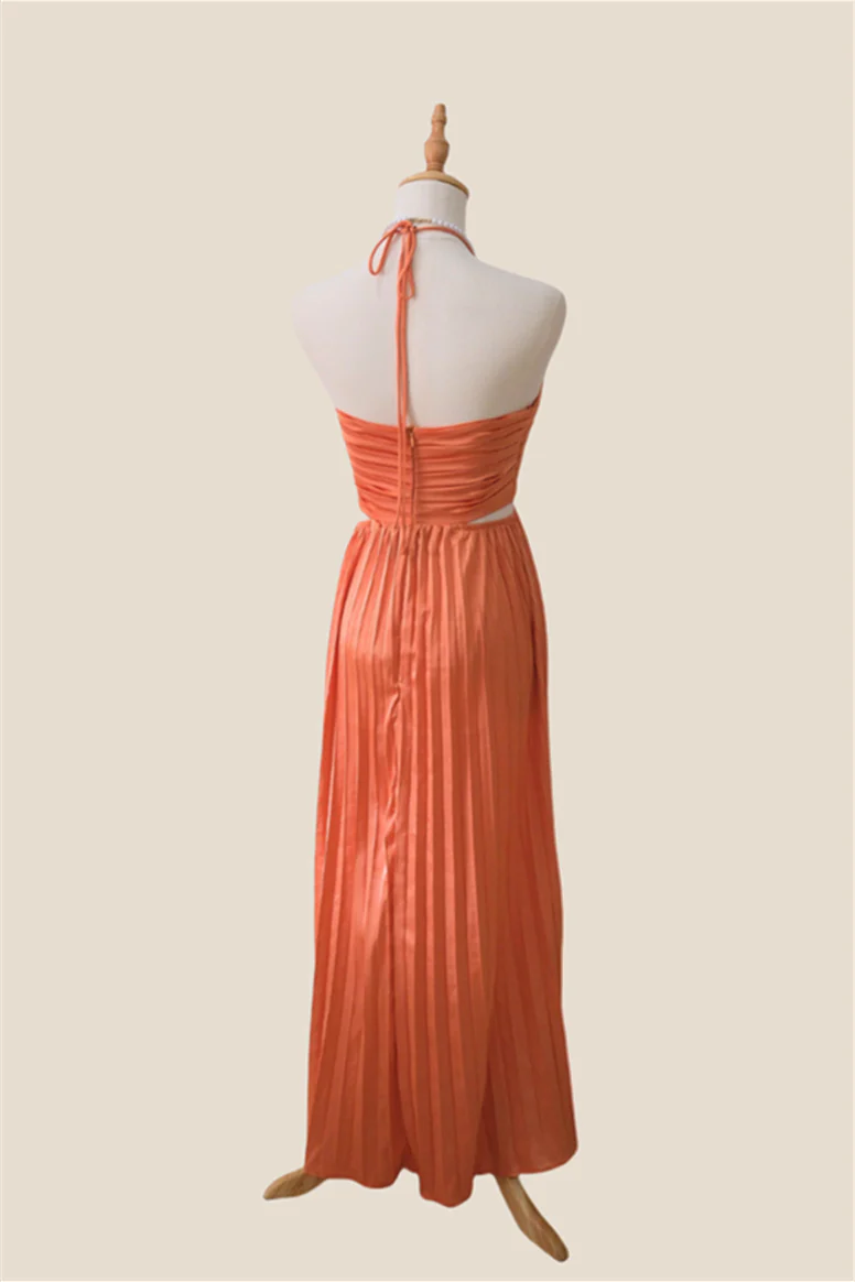 Halter Orange Cutout Pleated Chiffon Long Dress - Image 2