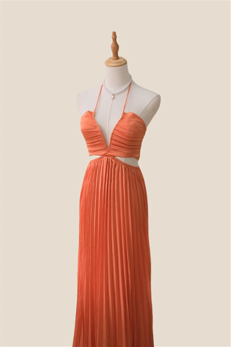 Halter Orange Cutout Pleated Chiffon Long Dress - Image 3