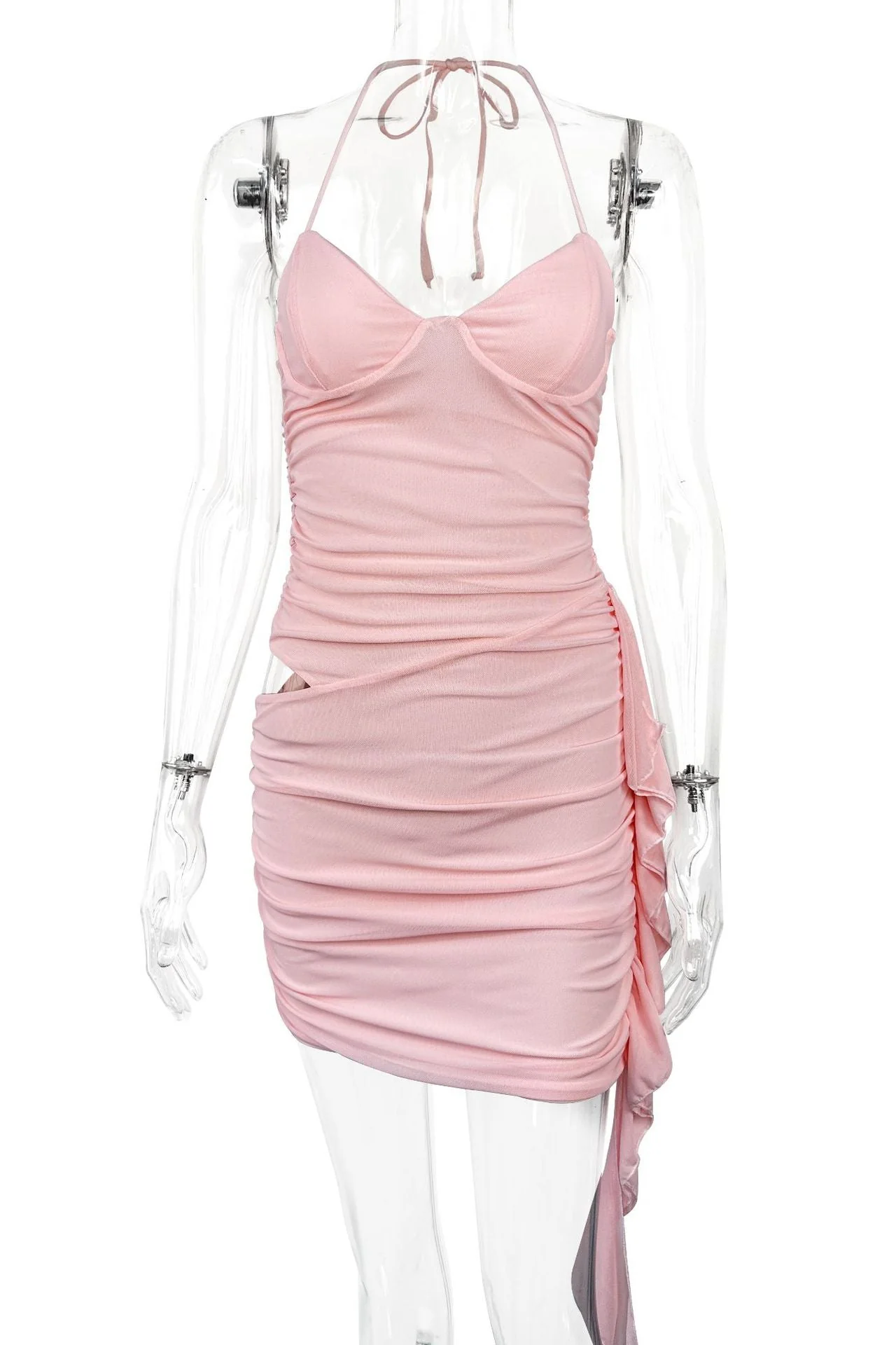 Halter Pink Fitted Frill Train Short Dress - Image 3