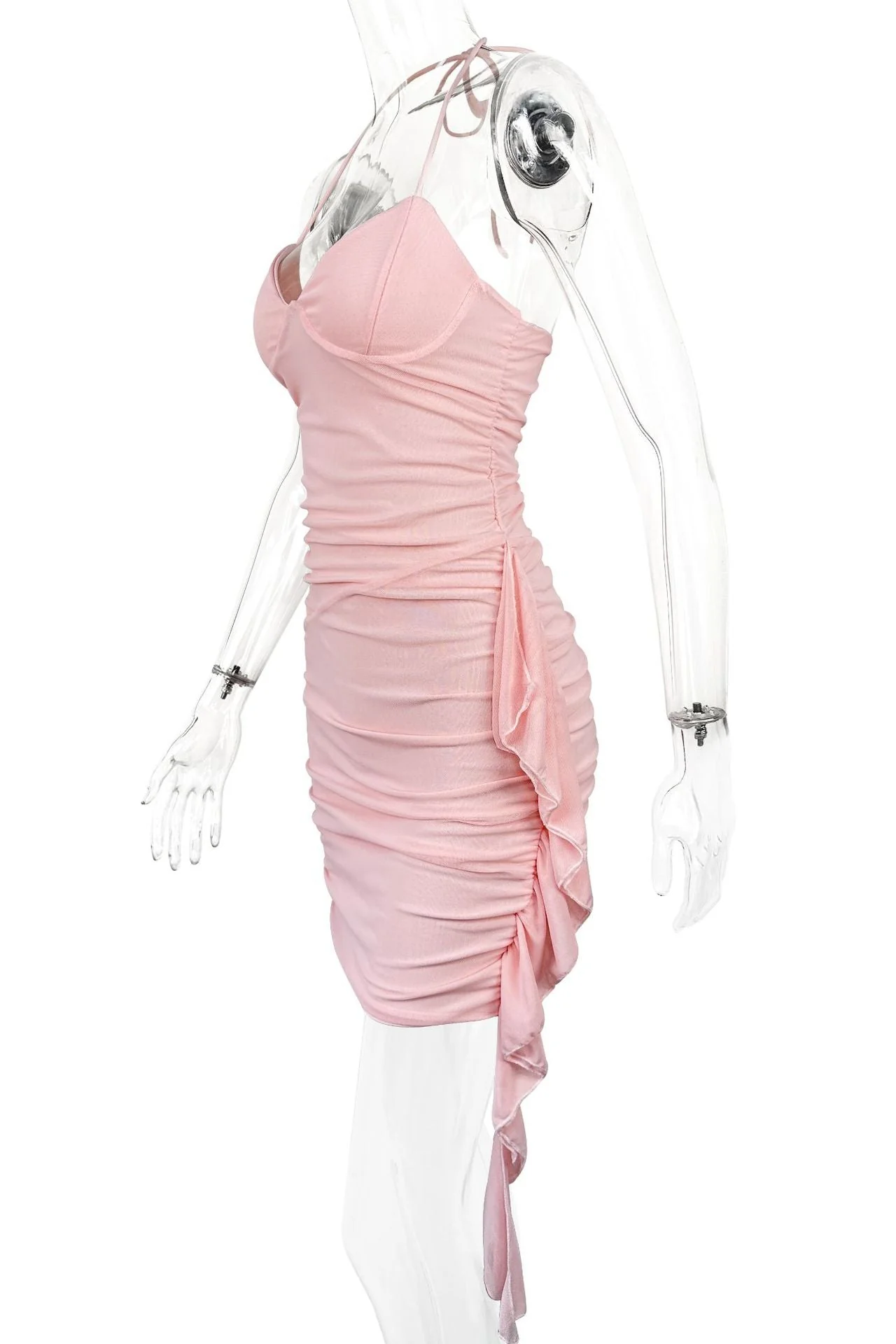 Halter Pink Fitted Frill Train Short Dress - Image 4