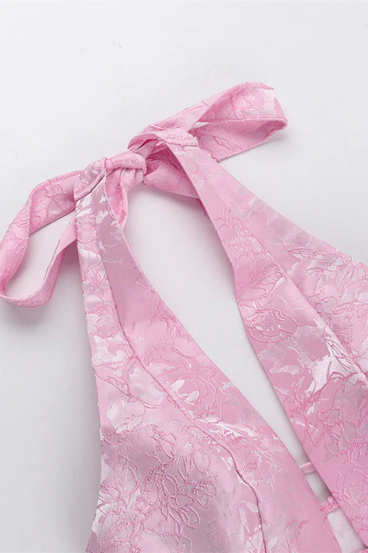 Halter Pink Plunge Short A-line Bow Dress - Image 5