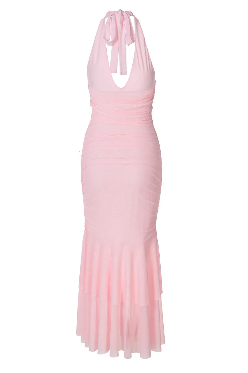 Halter Pink Ruched Tiered Long Dress - Image 2