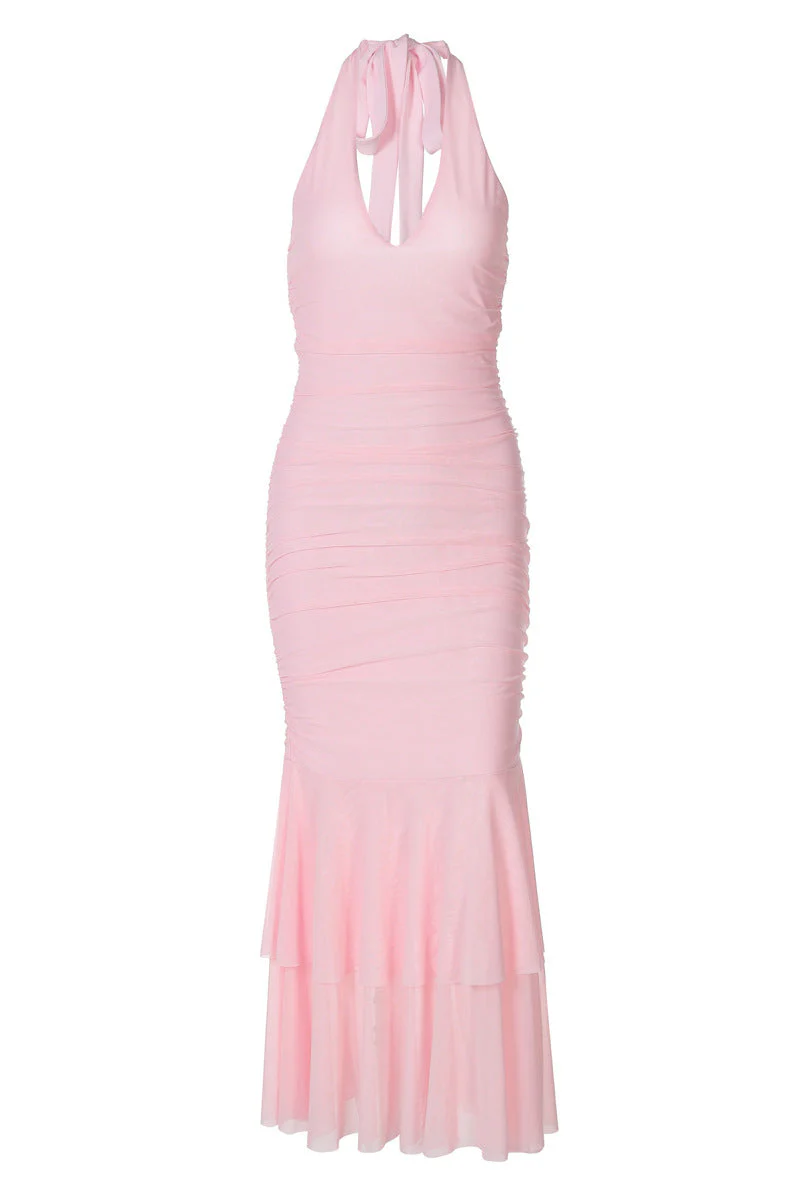 Halter Pink Ruched Tiered Long Dress - Image 5