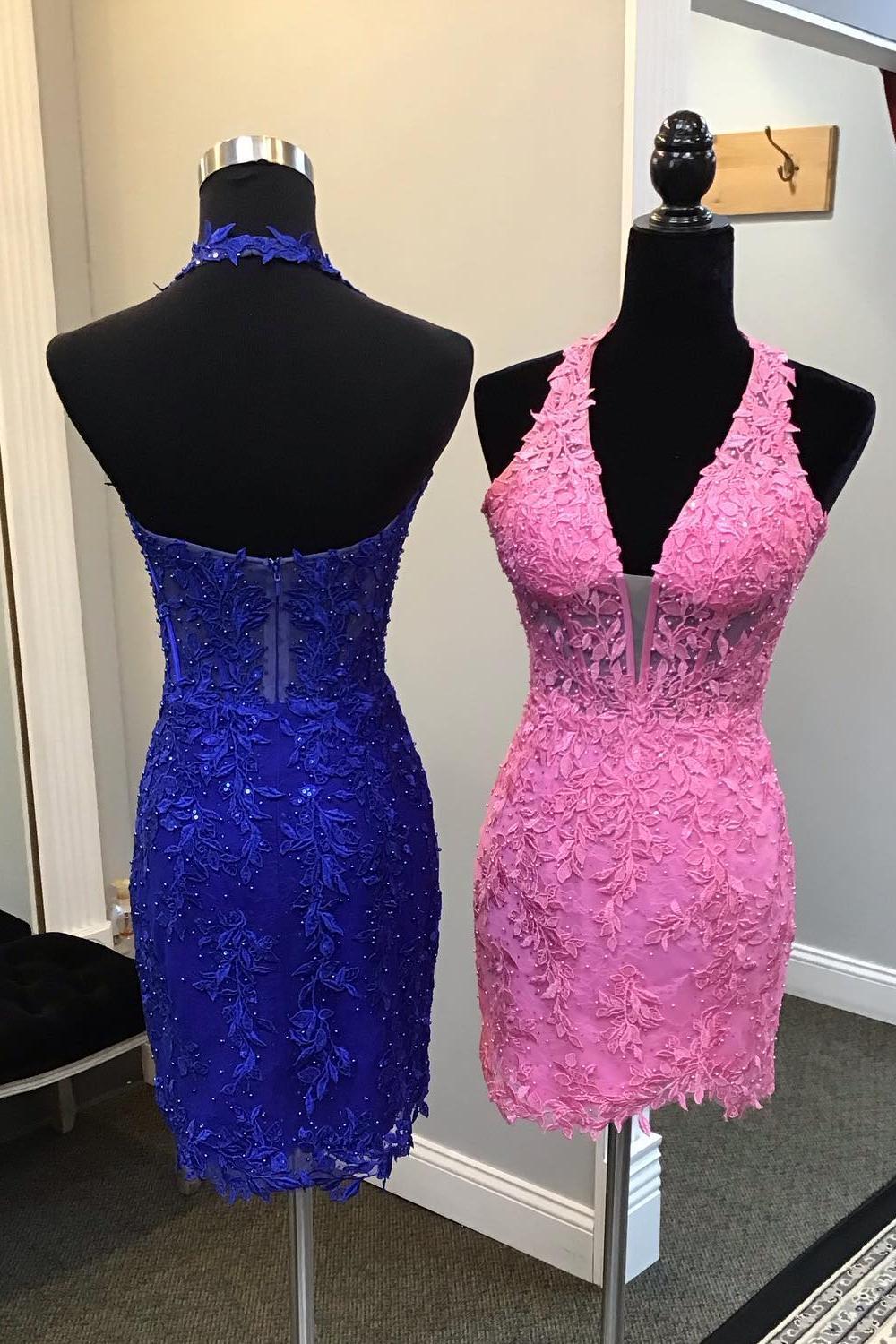 Halter Light Blue Appliques Bodycon Short Dress - Image 2