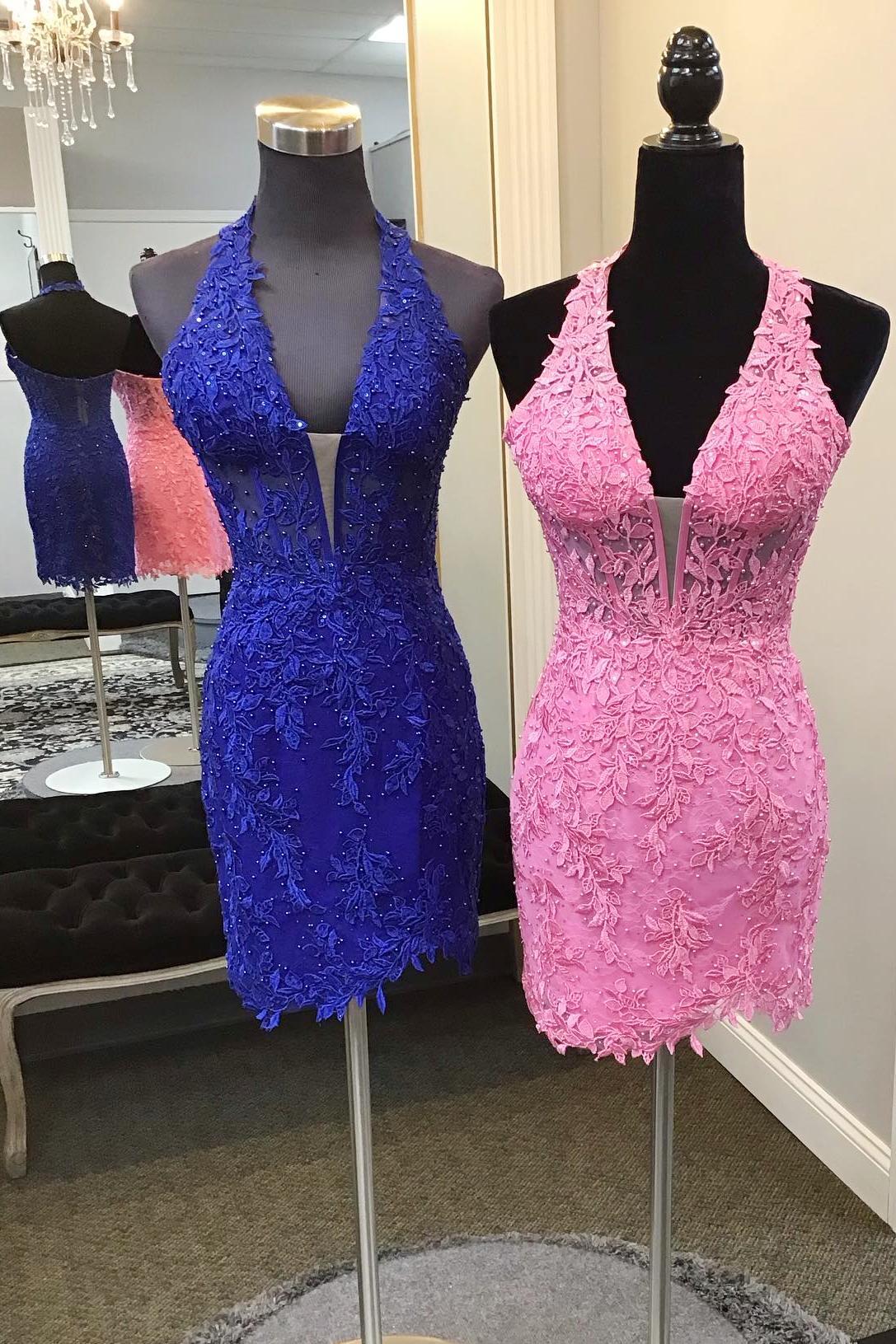 Halter Light Blue Appliques Bodycon Short Dress - Image 3