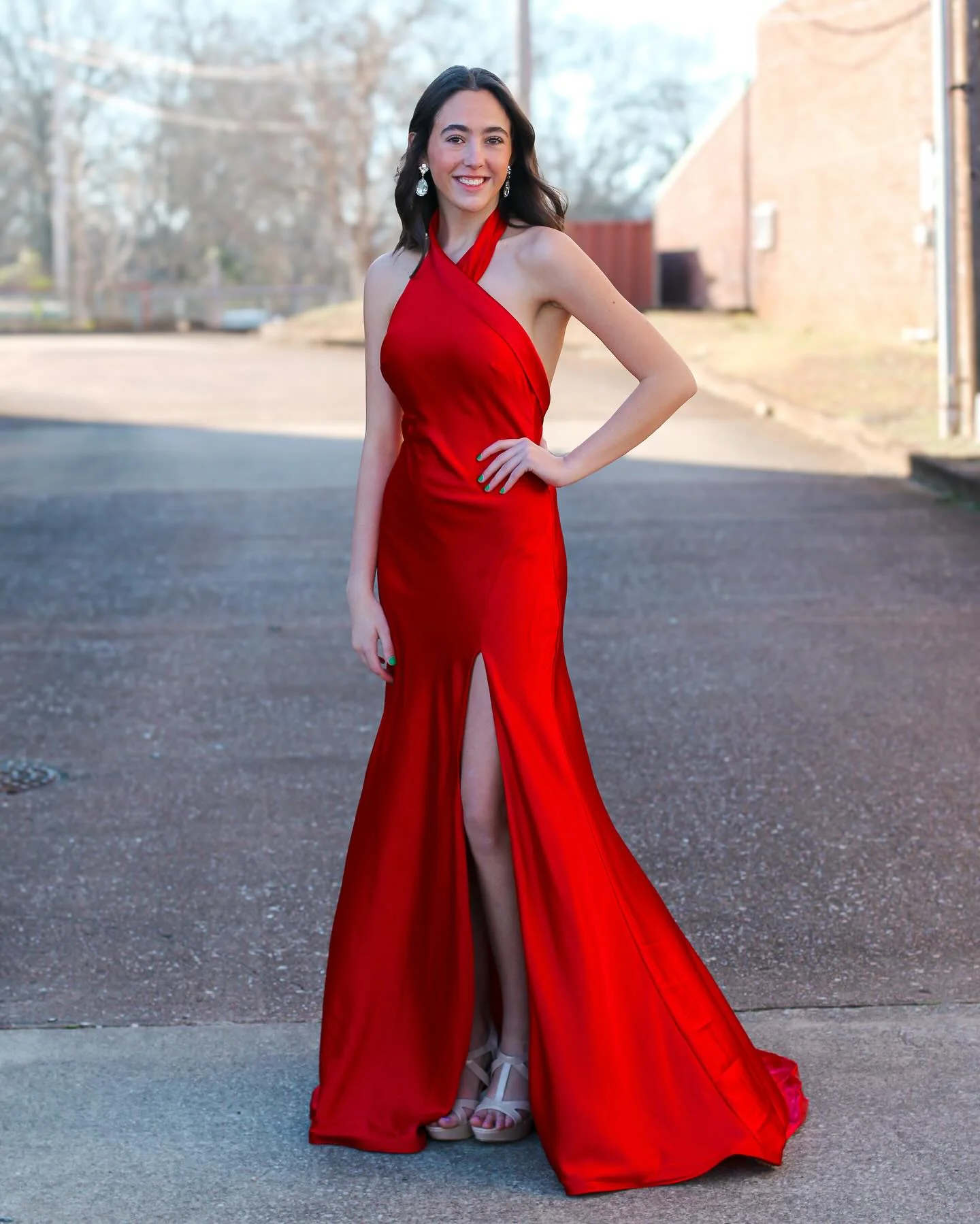 Halter Red Open Back Long Dress with Slit - Image 2