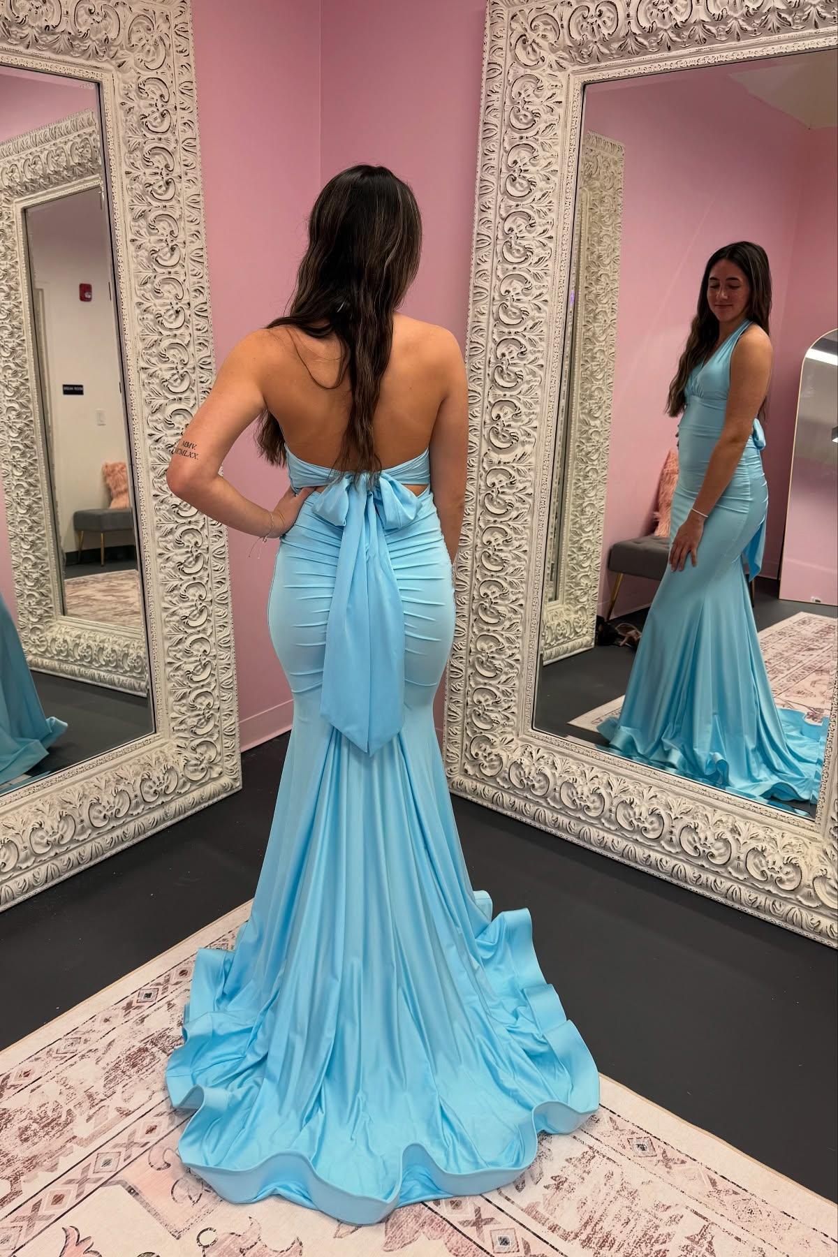Halter Sage Fitted Long Formal Dress - Image 12