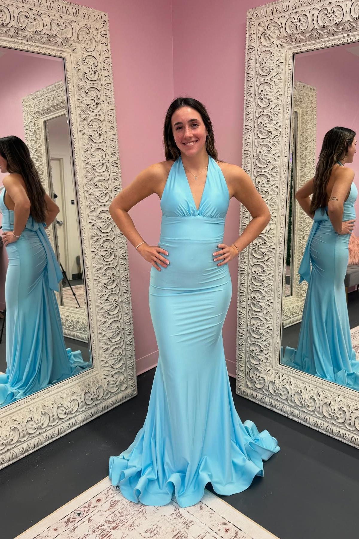 Halter Sage Fitted Long Formal Dress - Image 13