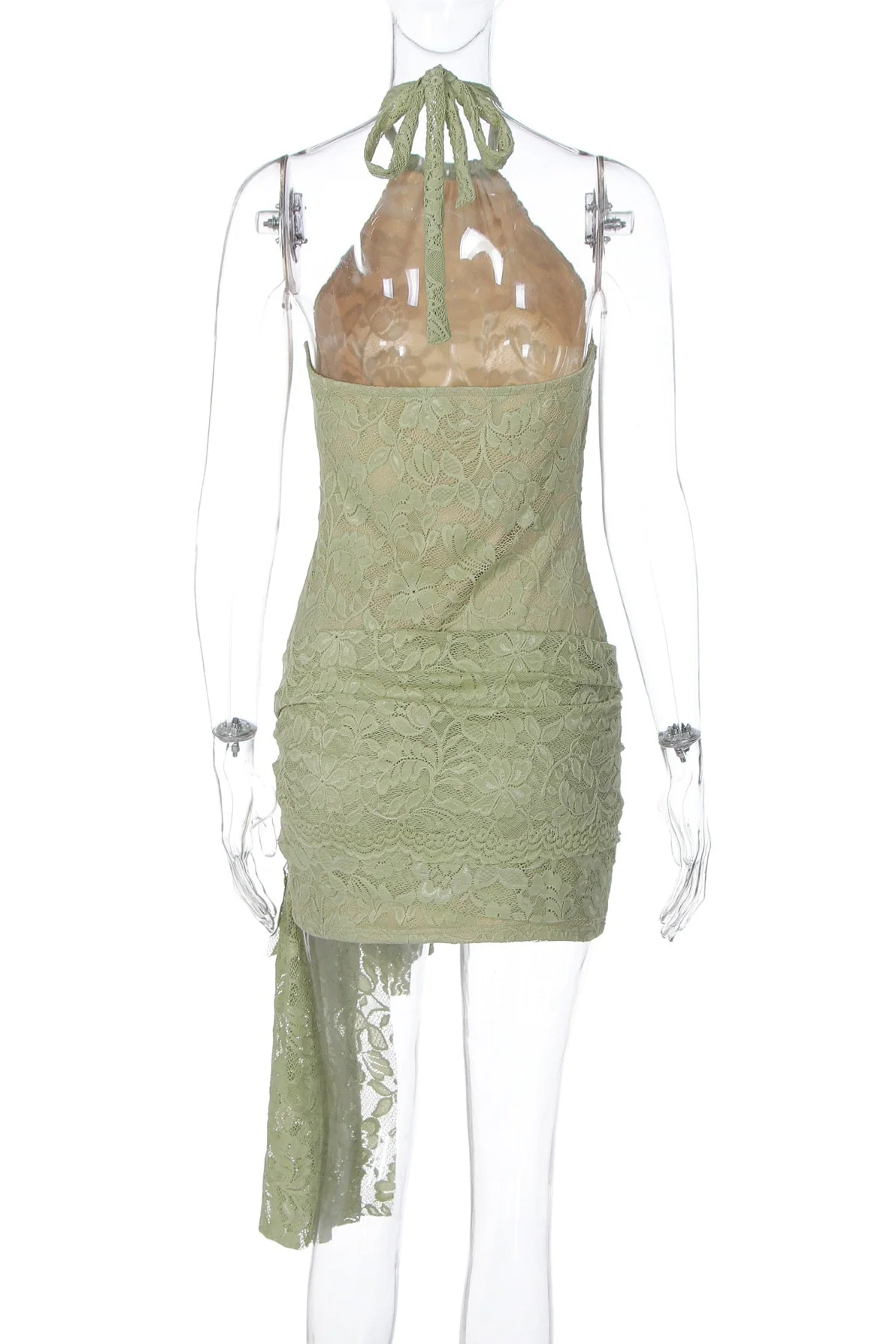 Halter Sage Green Lace Tight Dress with Train - Image 2