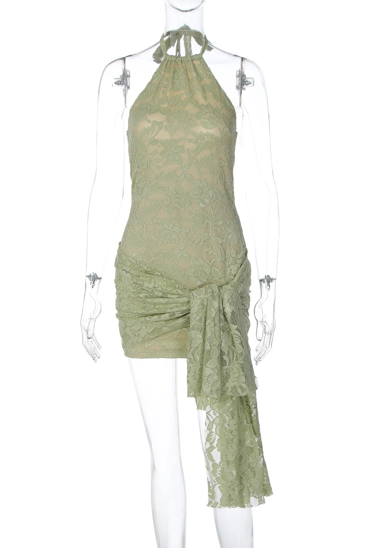 Halter Sage Green Lace Tight Dress with Train - Image 3