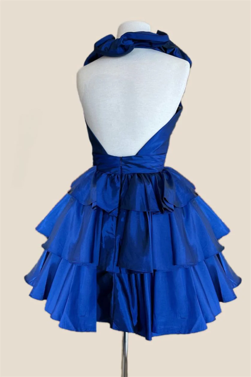 Halter Royal Blue Ruffle Tiered Short Dress - Image 2