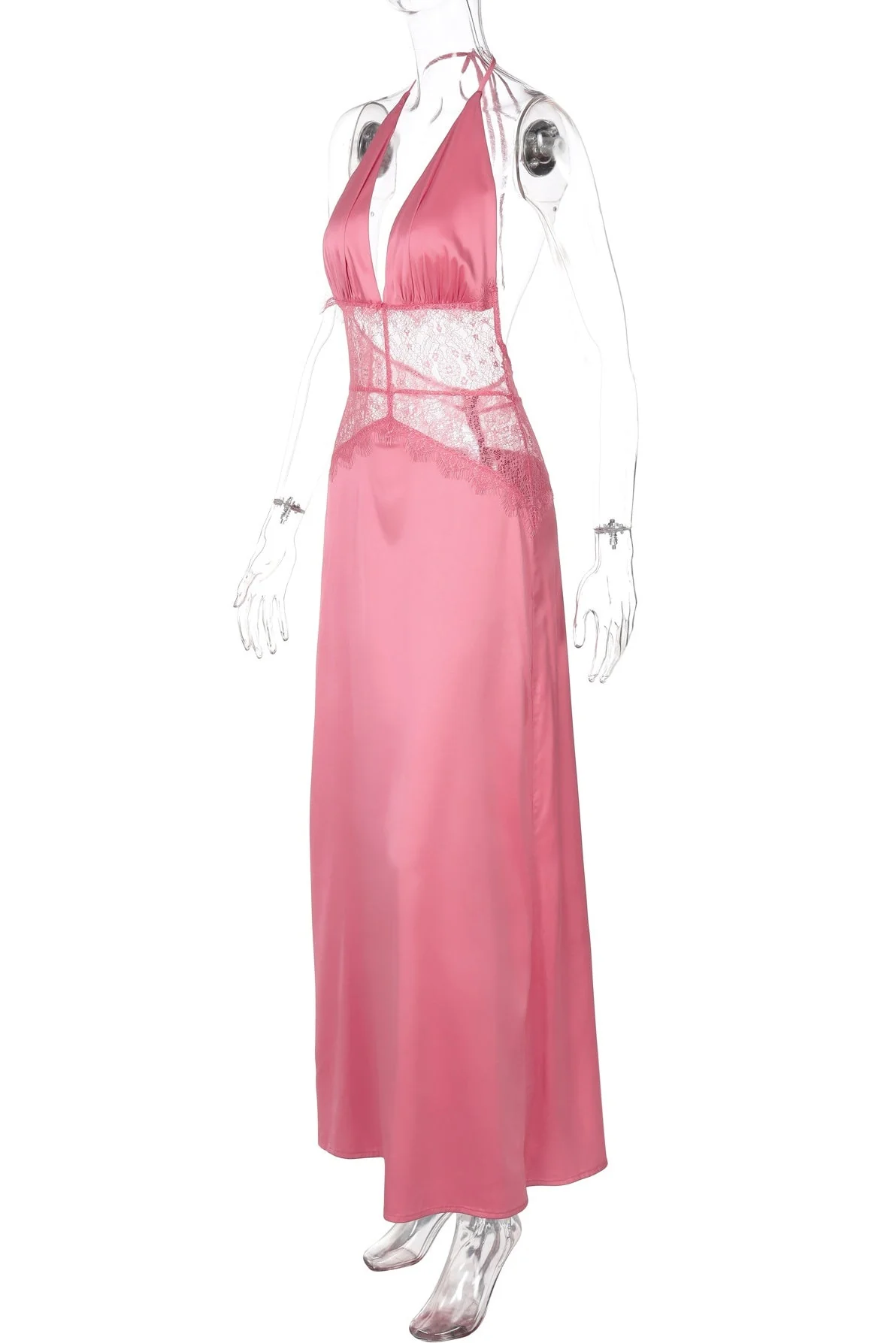 Pink Halter Sheer Lace and Satin Dress - Image 2
