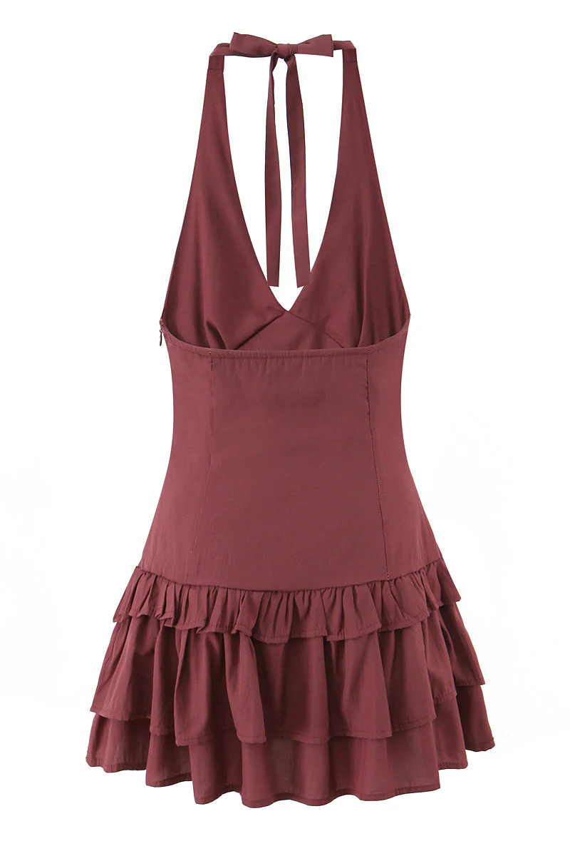 Halter Wine Red Ruffle A-line Short Dress - Image 2