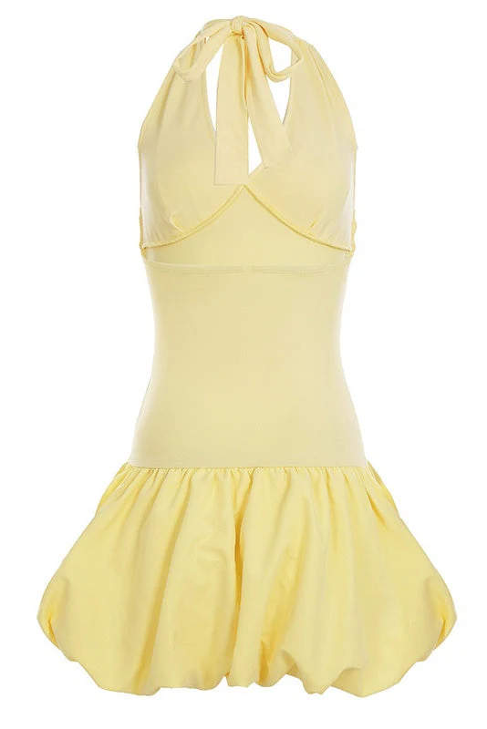 Halter Yellow A-line Short Bubble Dress - Image 2