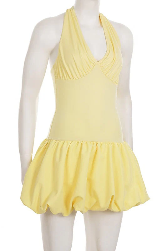 Halter Yellow A-line Short Bubble Dress - Image 3