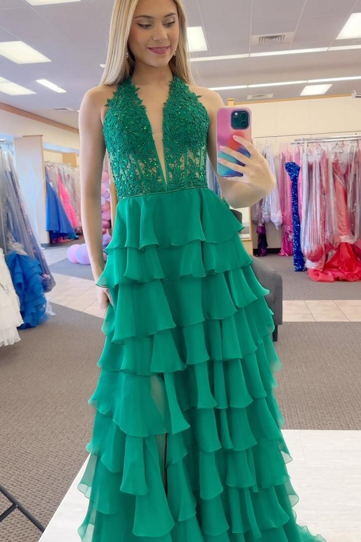 Halter Yellow Appliques Ruffle Long Dress - Image 5