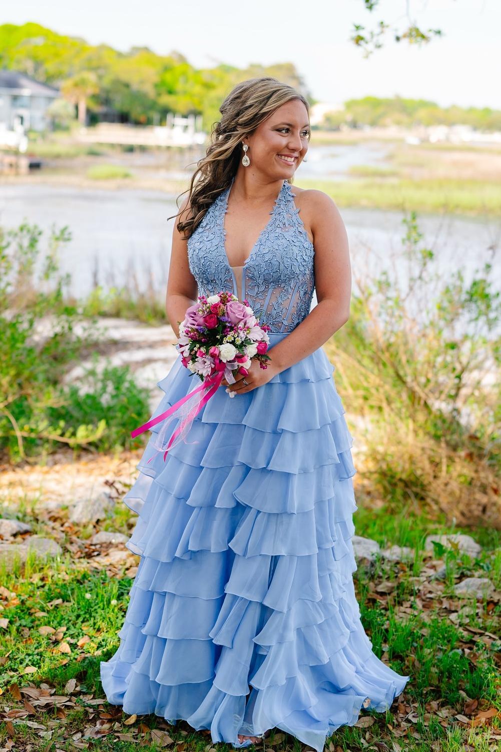 Halter Yellow Appliques Ruffle Long Dress - Image 7