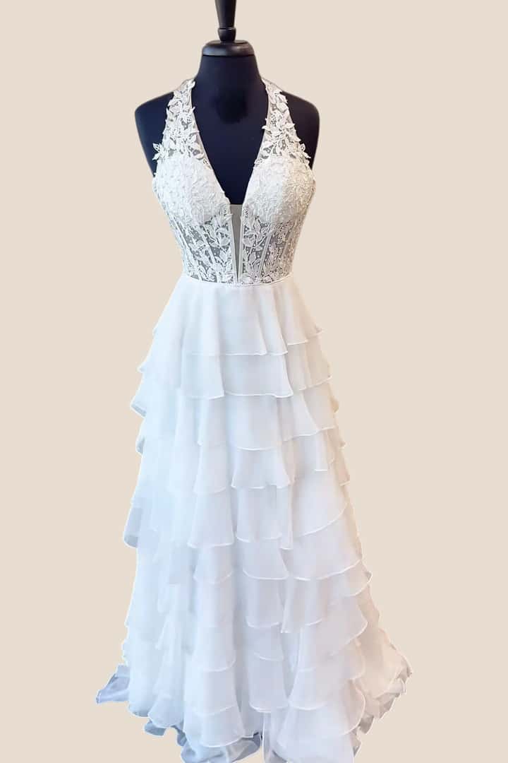 Halter Yellow Appliques Ruffle Long Dress - Image 9