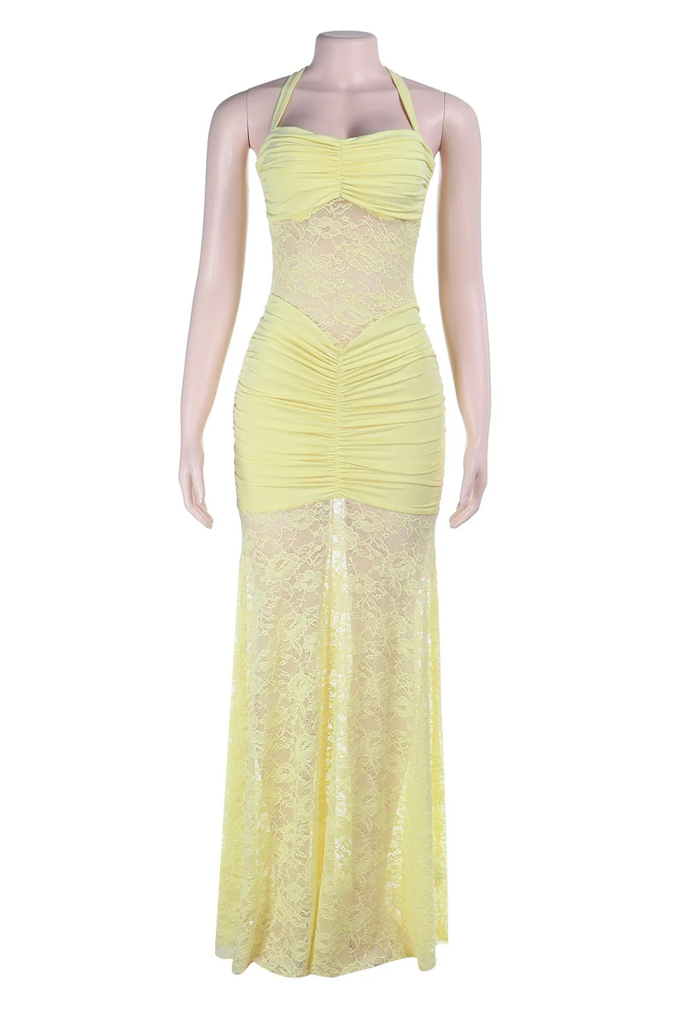 Halter Yellow Lace Sheer Fitted Long Dress