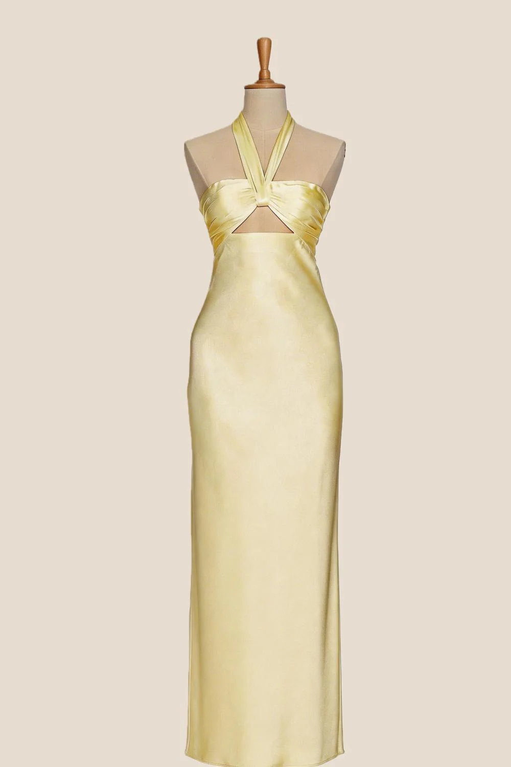 Halter Yellow Soft Satin Fitted Long Dress - Image 2
