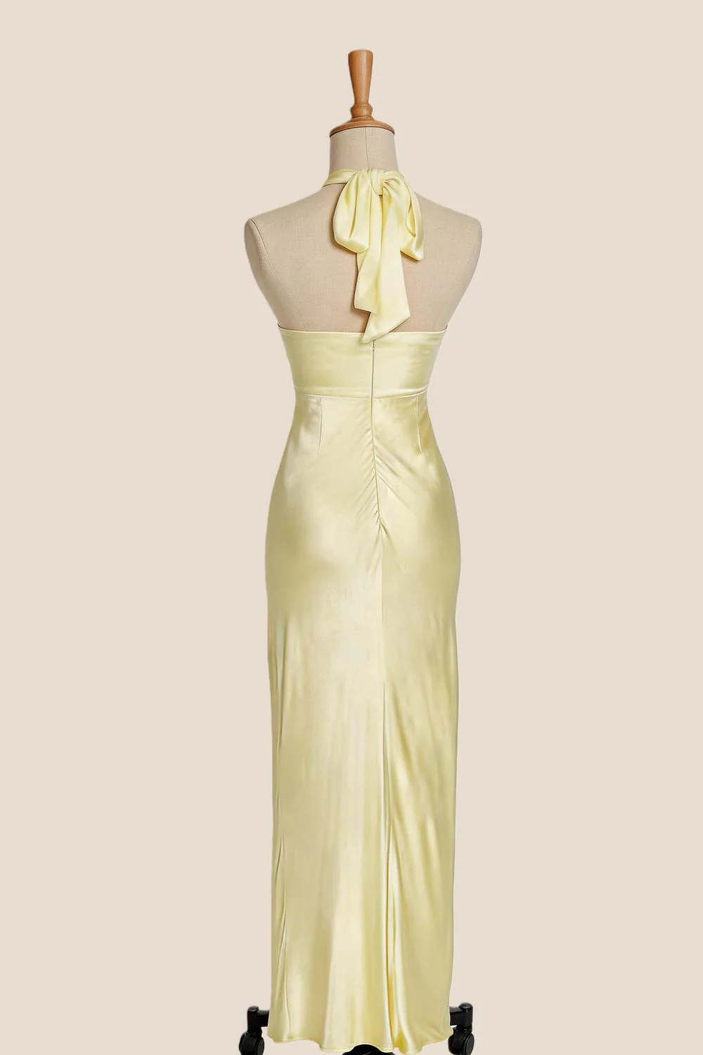 Halter Yellow Soft Satin Fitted Long Dress - Image 3