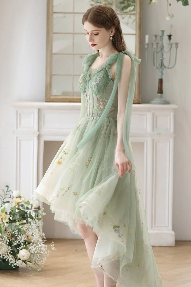 High Low Green Floral Tulle Party Dress - Image 2