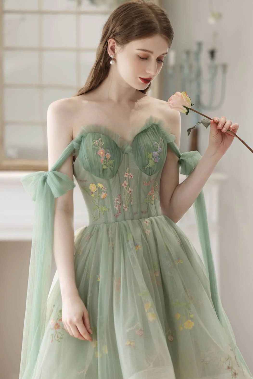 High Low Green Floral Tulle Party Dress - Image 3
