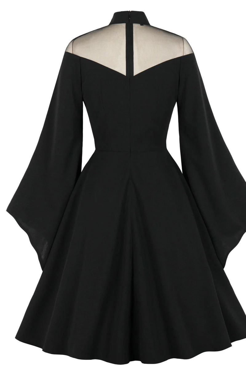 High Neck Black Swing Dress with Flare Long Sleeves - Image 2