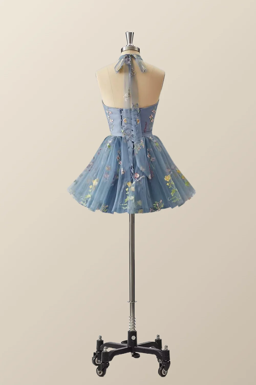 High Neck Blue Floral A-line Short Dress - Image 2