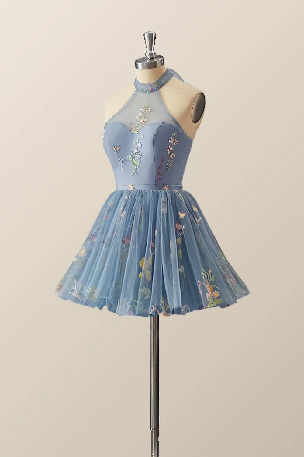 High Neck Blue Floral A-line Short Dress - Image 3