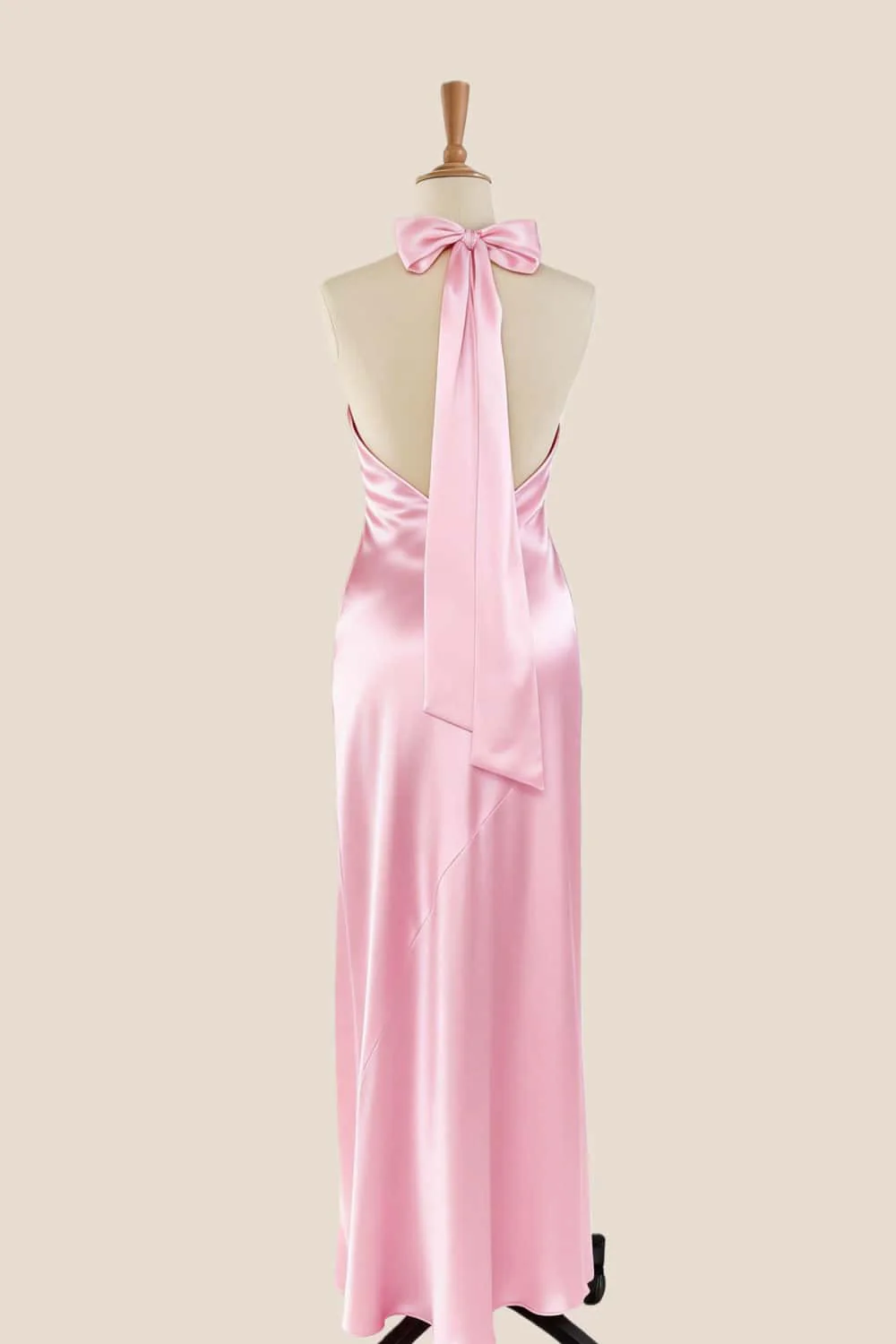 High Neck Pink Satin Fitted Long Bridesmaid Dress - Image 2