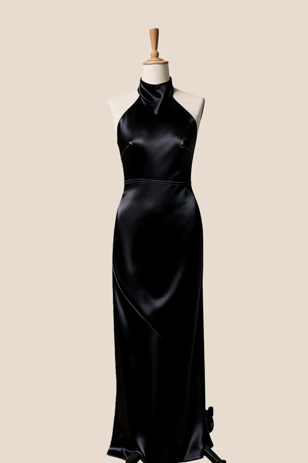 High Neck Pink Satin Fitted Long Bridesmaid Dress - Image 5