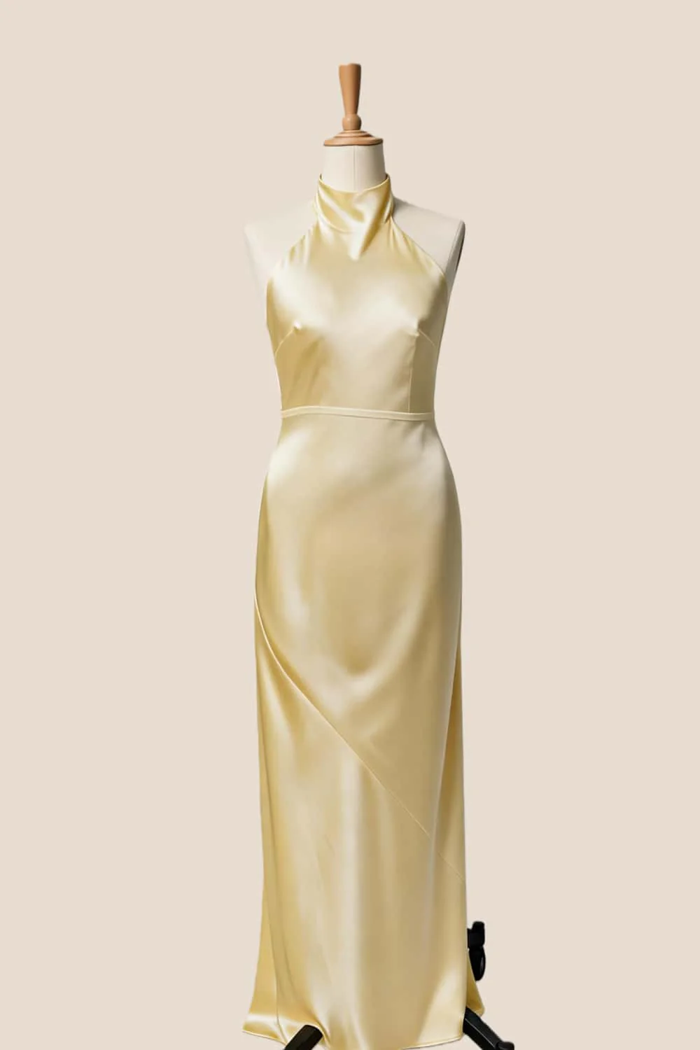 High Neck Pink Satin Fitted Long Bridesmaid Dress - Image 6