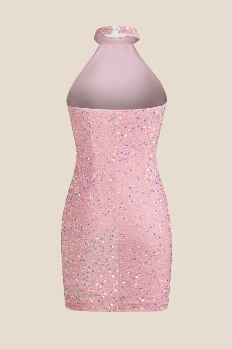 High Neck Pink Sequin Bodycon Short Dress - Image 2