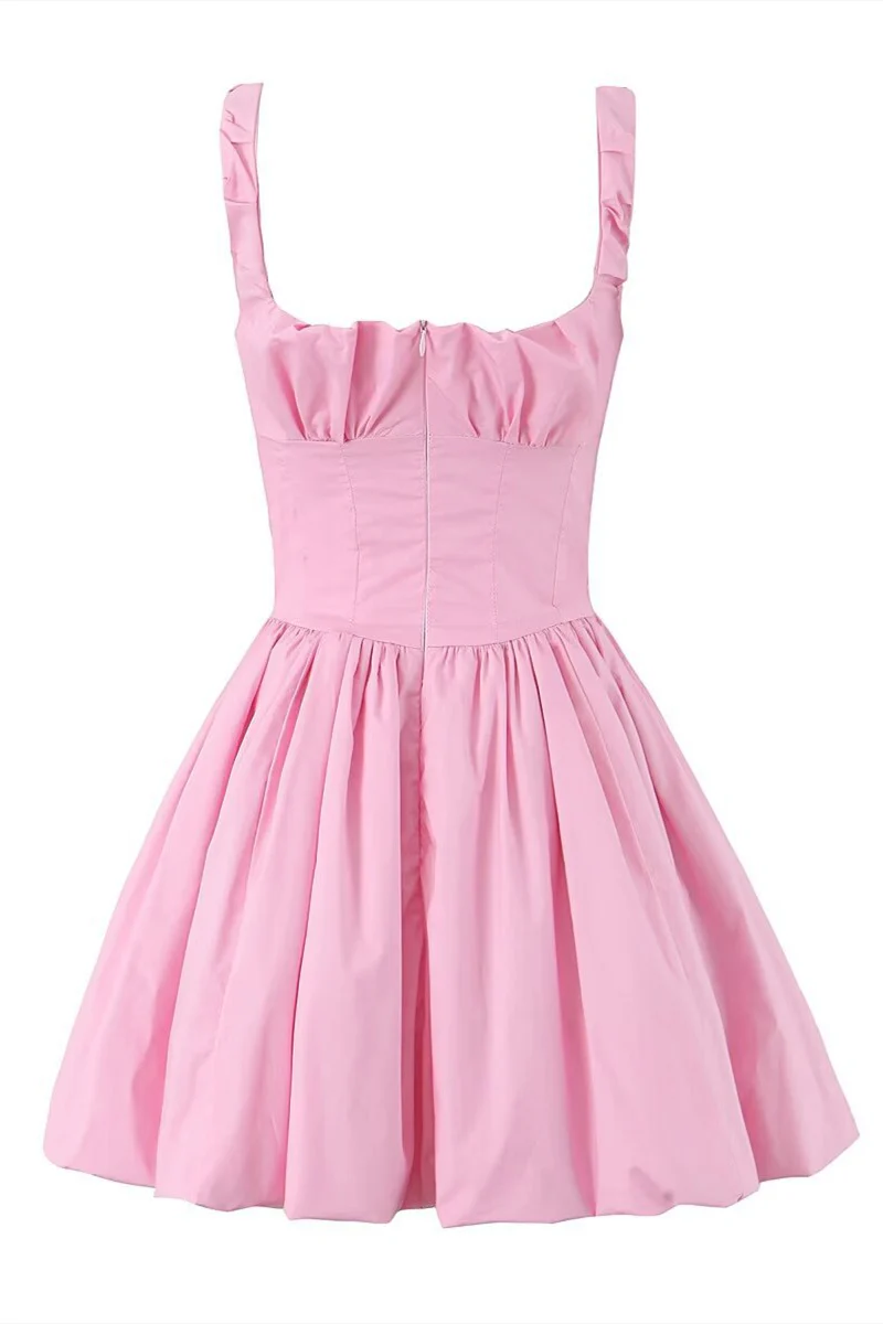 High Waist Pink Ruched Short Summer Dress - Image 2