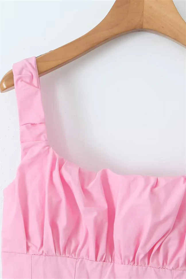 High Waist Pink Ruched Short Summer Dress - Image 3